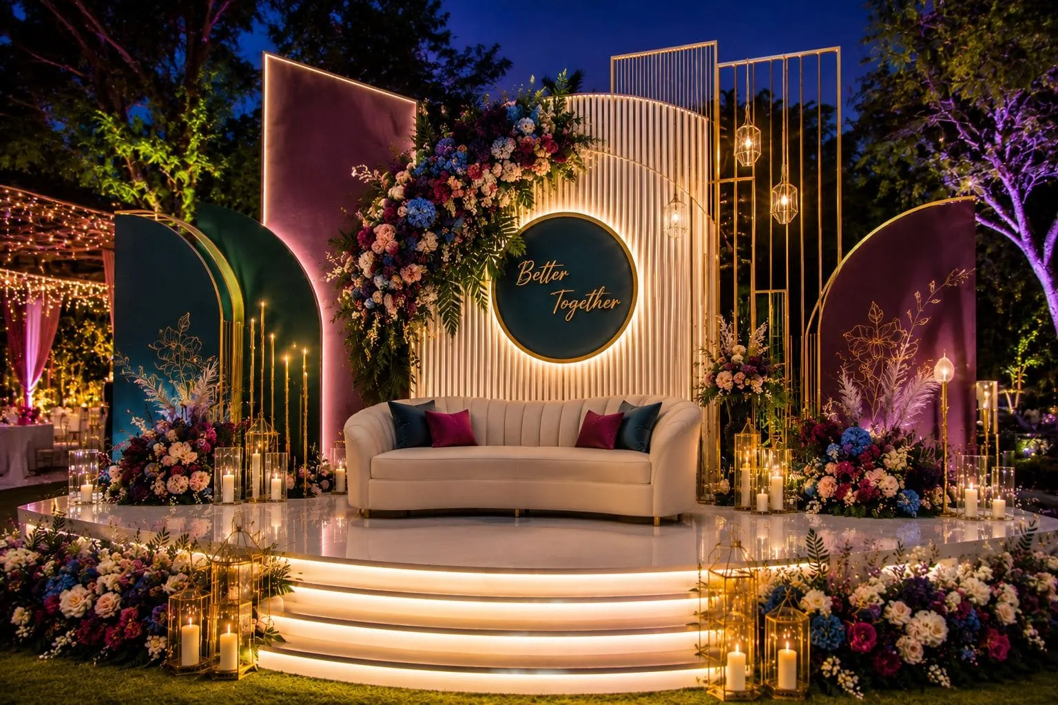Floral engagement stage styled for an evening celebration