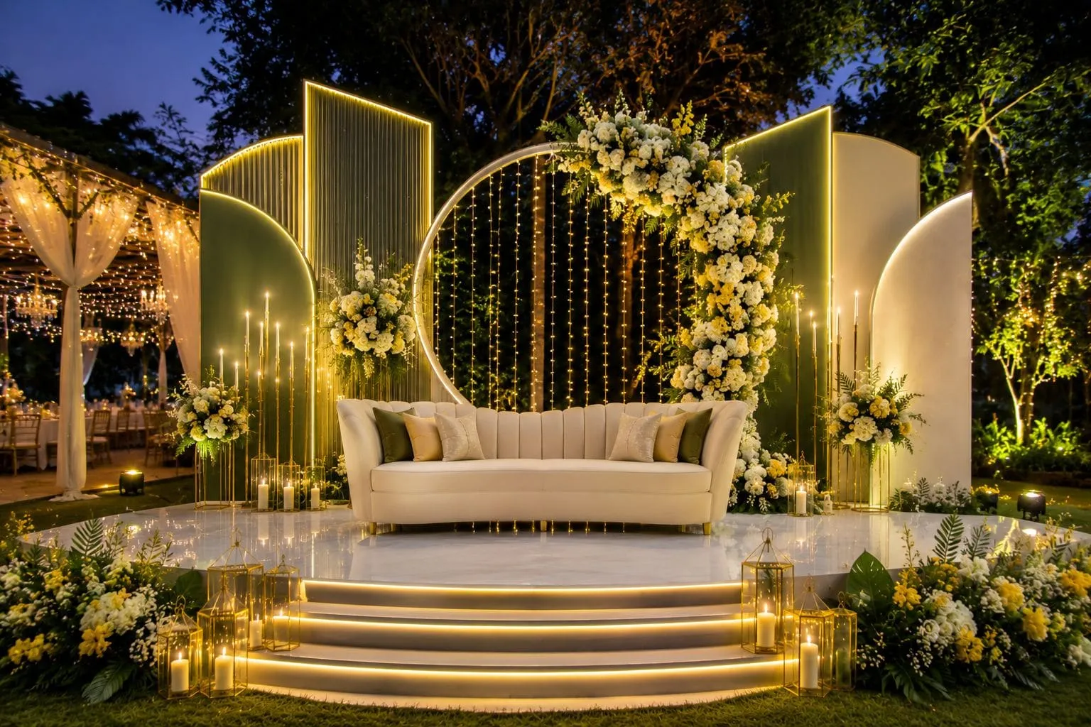 Green sculptural halo stage designed by Touch of Kumari Events