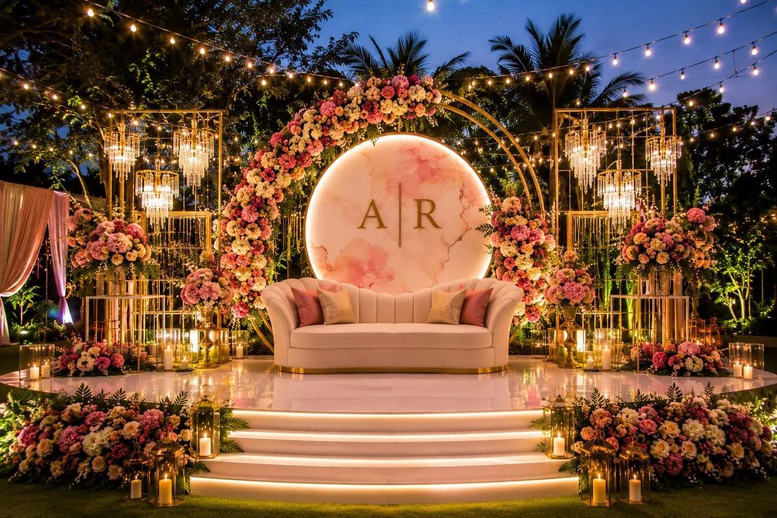 Open-air floral engagement stage designed by Touch of Kumari Events