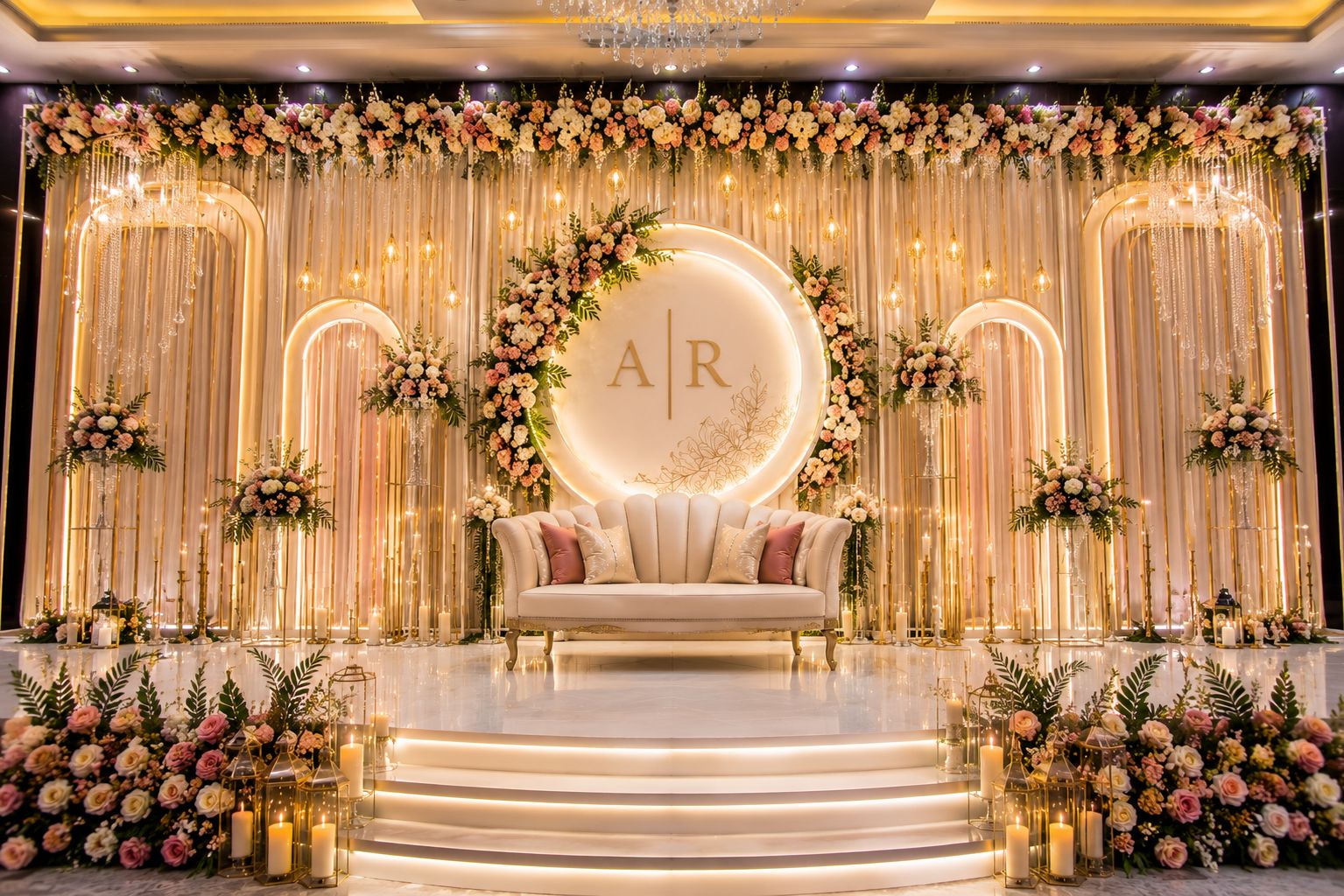 Classic champagne floral engagement stage in Thrissur