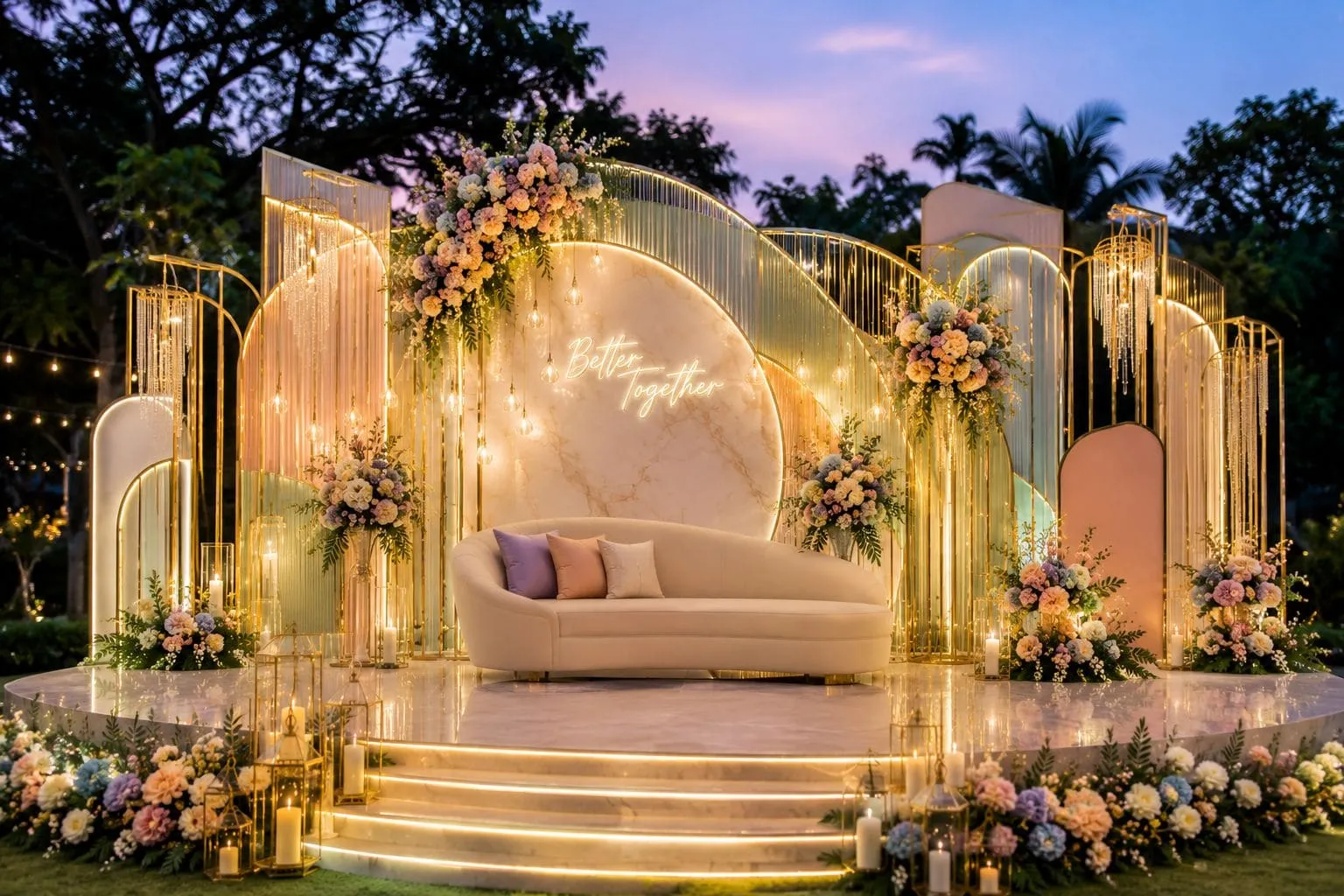 Pastel floral stage decoration styled for a family celebration
