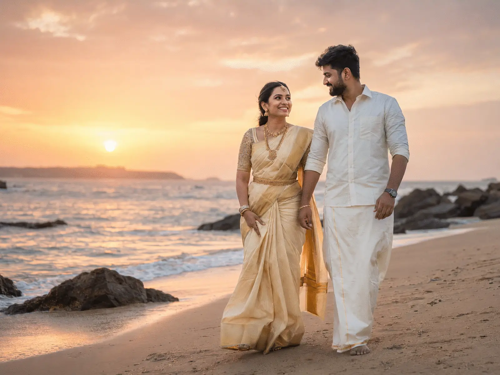 South Indian couple portrait at an Alappuzha sunset