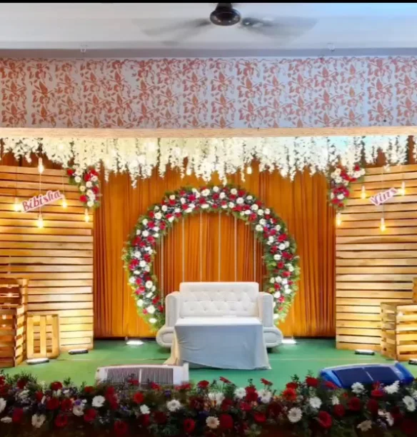 Elegant reception entrance styled for a bridal arrival