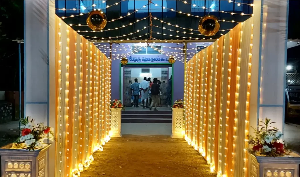 Royal blue and gold reception stage in Tirunelveli