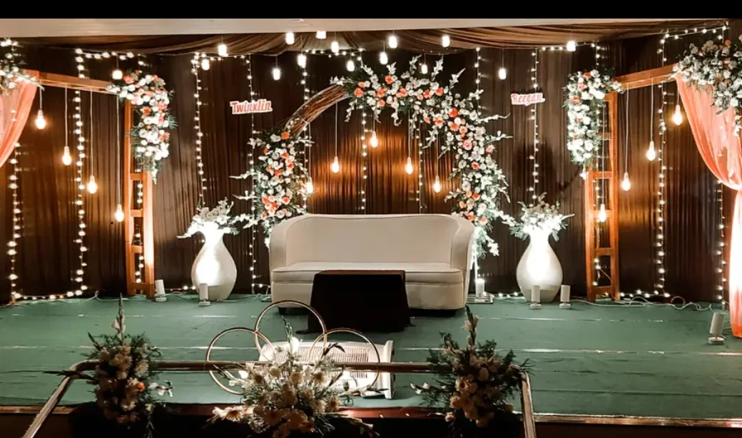 Fairy-Light Wedding — Fairy-light wood arch with drapes