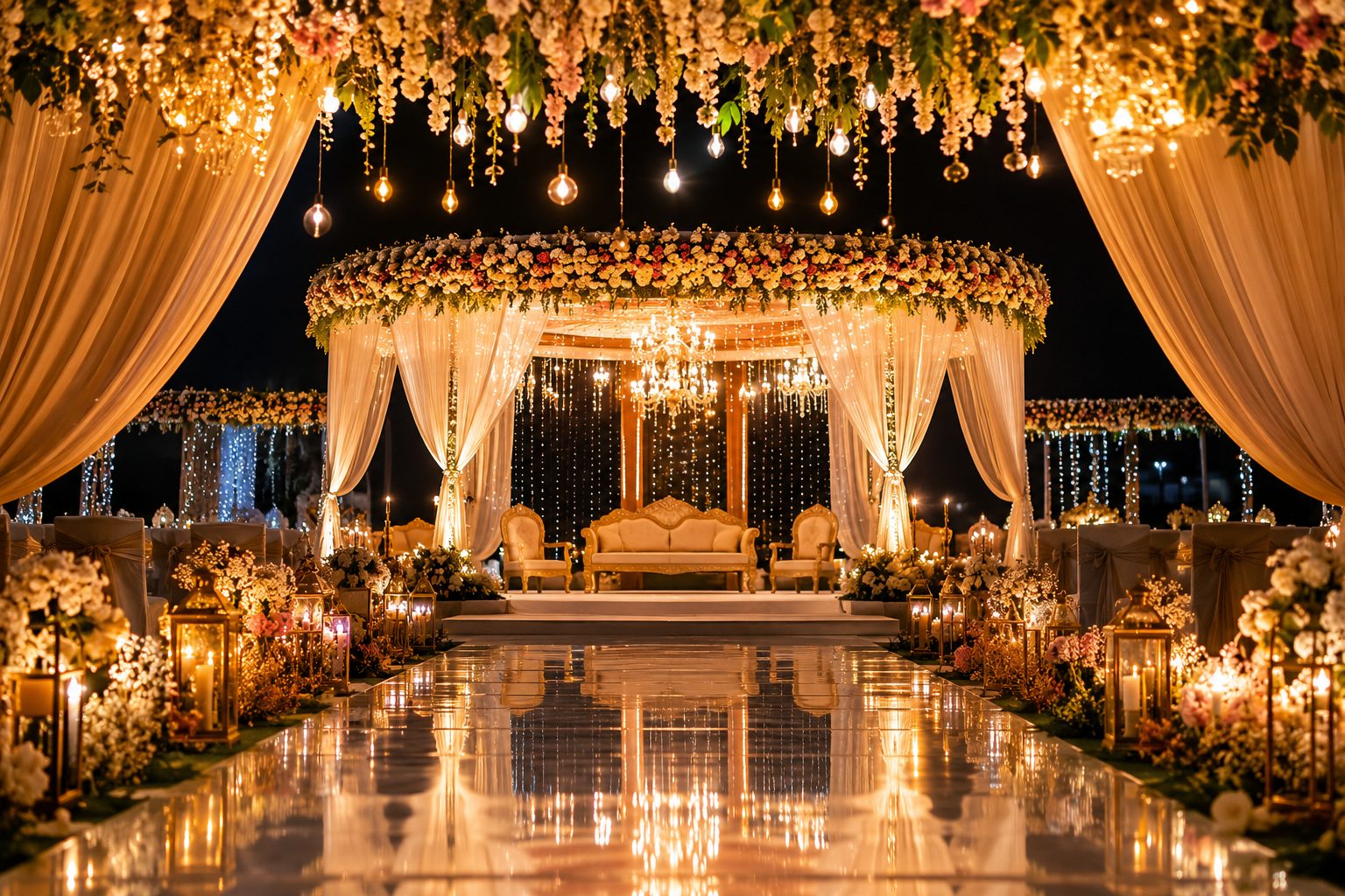 Golden floral wedding stage with chandeliers